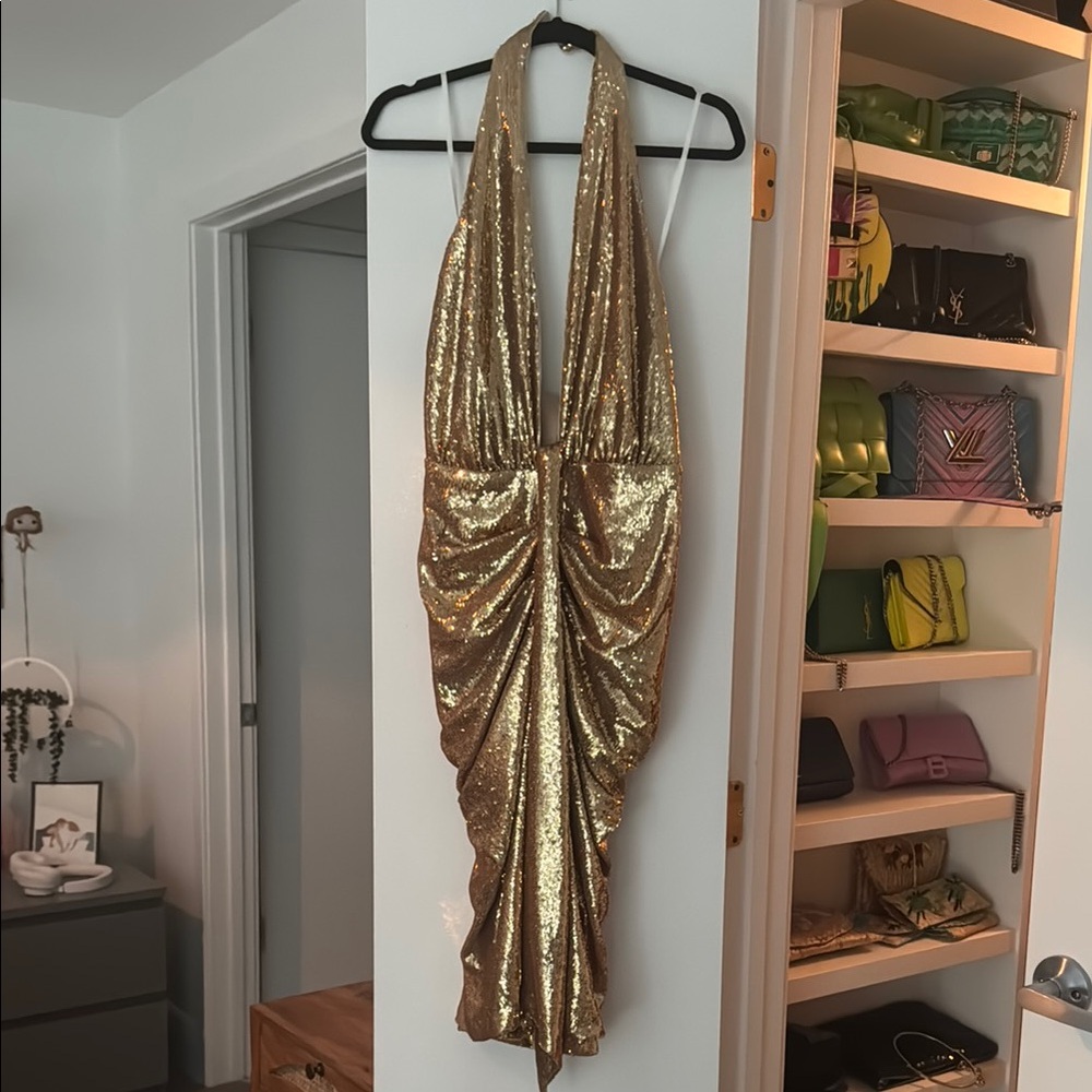NWT Gold Sequin Halter Dress